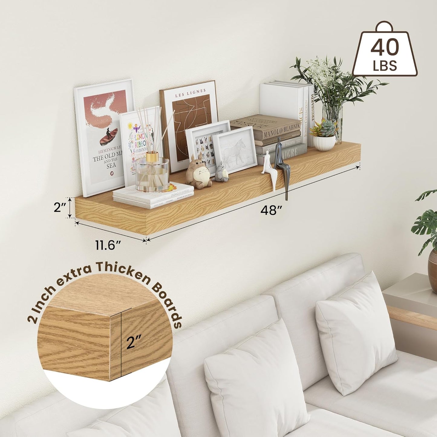 Deep Floating Shelves for Wall - 48 Inch Wide x 12 Inch Deep Oak Floating Shelves Set of 1 - Rustic Wide Wood Shelves for Living Room, Bathroom, Laundry Room, Bedroom, Kitchen, Home Office