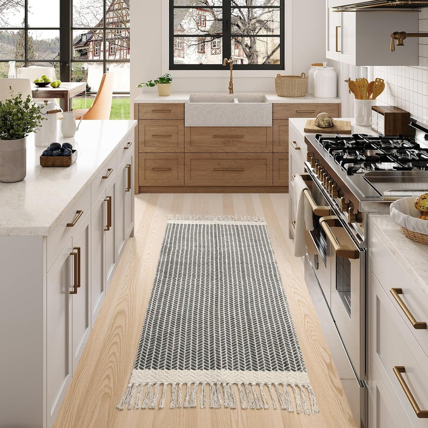 Lahome Boho Kitchen Runner, 2x4.3 Bathroom Runner Rug Lightweight Entryway Rug Woven Cotton Throw Mat with Tassels, Farmhouse Non Shedding Washable Grey Rugs Low Pile for Bedroom Doorway