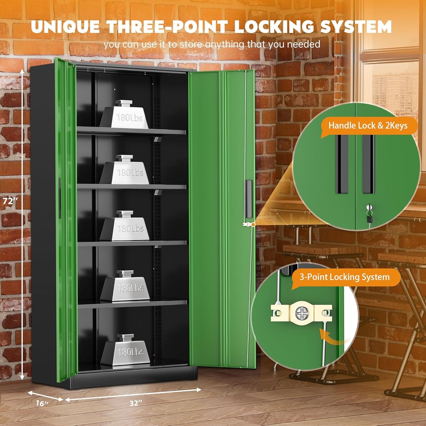 Greenvelly Metal Garage Storage Cabinet, Steel Lockable Storage Cabinet with Doors and Shelves,Office Storage Cabinets, Tall Metal Cabinet for Garage Office School Gym Warehouse