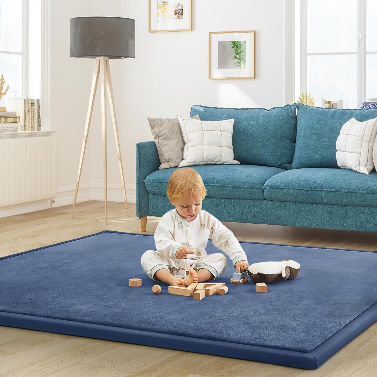 Baby Play Mat for Floor Tummy Time Mat Nursery Rug Muscle Area Rug Playroom Rug Tatami 74 * 50" Memory Foam 1.3" Thick Crawling For Babies,Toddlers, Infants, Kids,Floor(Blue)
