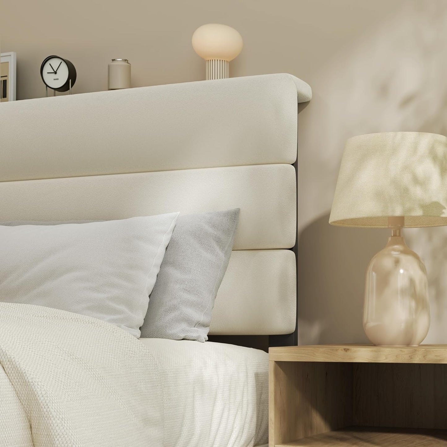 Queen Bed Frame, Platform Bed Frame with Velvet Upholstered Headboard, No Box Spring Needed, Sturdy Metal Support, Noise Free, Easy Assembly, Modern Bedroom Furniture, Beige