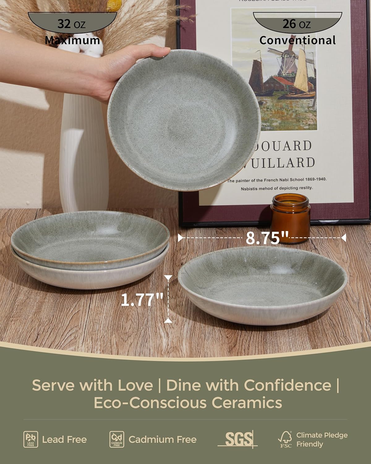 16 Piece Double Bowl Dinnerware Sets, Stain Resistant Dish Set with Pasta Bowls, Easy Cleaning Dishes, Multi-Functional Plate and Bowl, Stack Compactly Plate Set, Service for 4