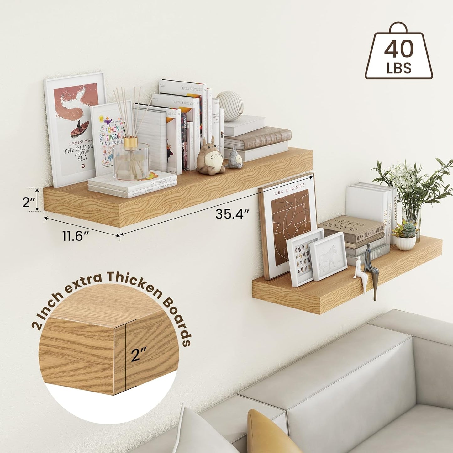 Deep Floating Shelves for Wall - 36 Inch Wide x 12 Inch Deep Oak Floating Shelves Set of 2 - Rustic Wooden Wall Shelves Bookshelf Laundry Shelf TV Shelf