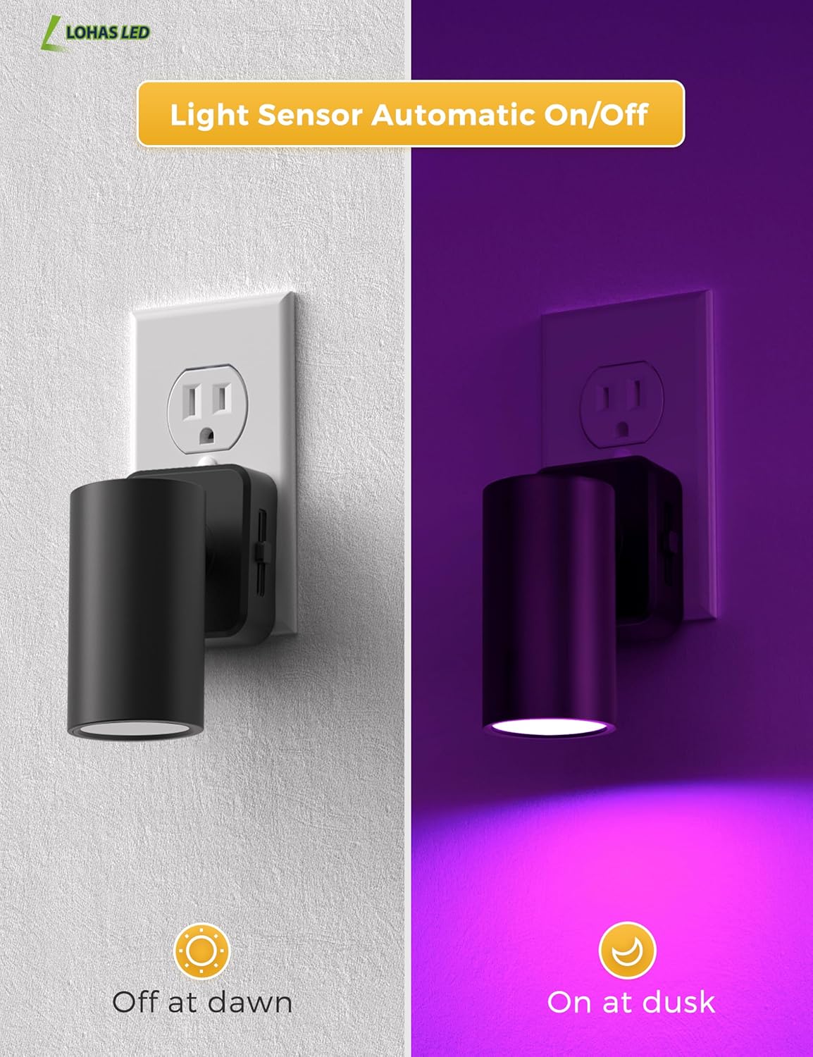 L LOHAS LED Night Lights Plug into Wall, [2-Pack] Decorative Night Lights with Dusk to Dawn Sensor,Brightness Adjustable,RGB Color Changing Nightlight for Bathroom,Hallway,Stairs