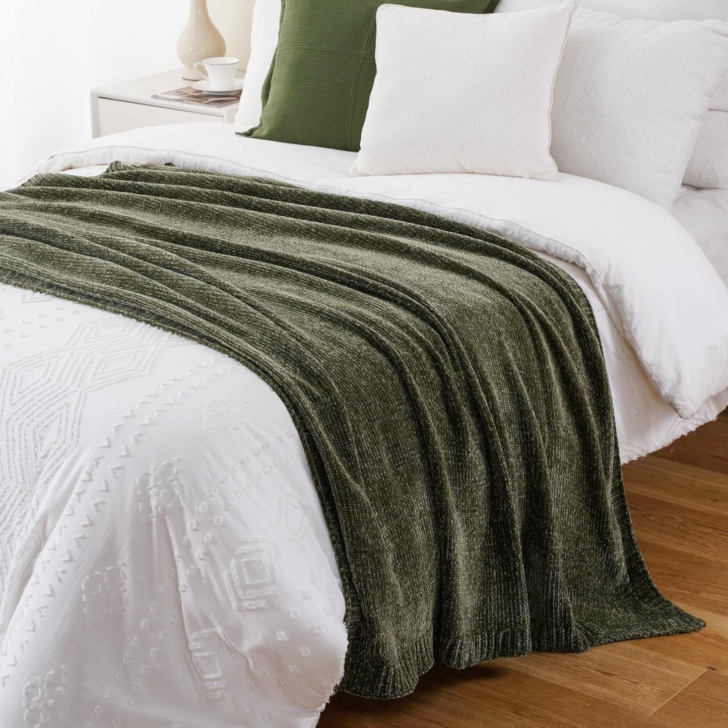 BATTILO HOME Olive Green Chenille Throw Blanket for Couch, Cozy Knit Throw Blanket for Bed Sofa Outdoor, Super Soft Warm Green Blankets Chenille Blankets for Home Decor, 51"x67"