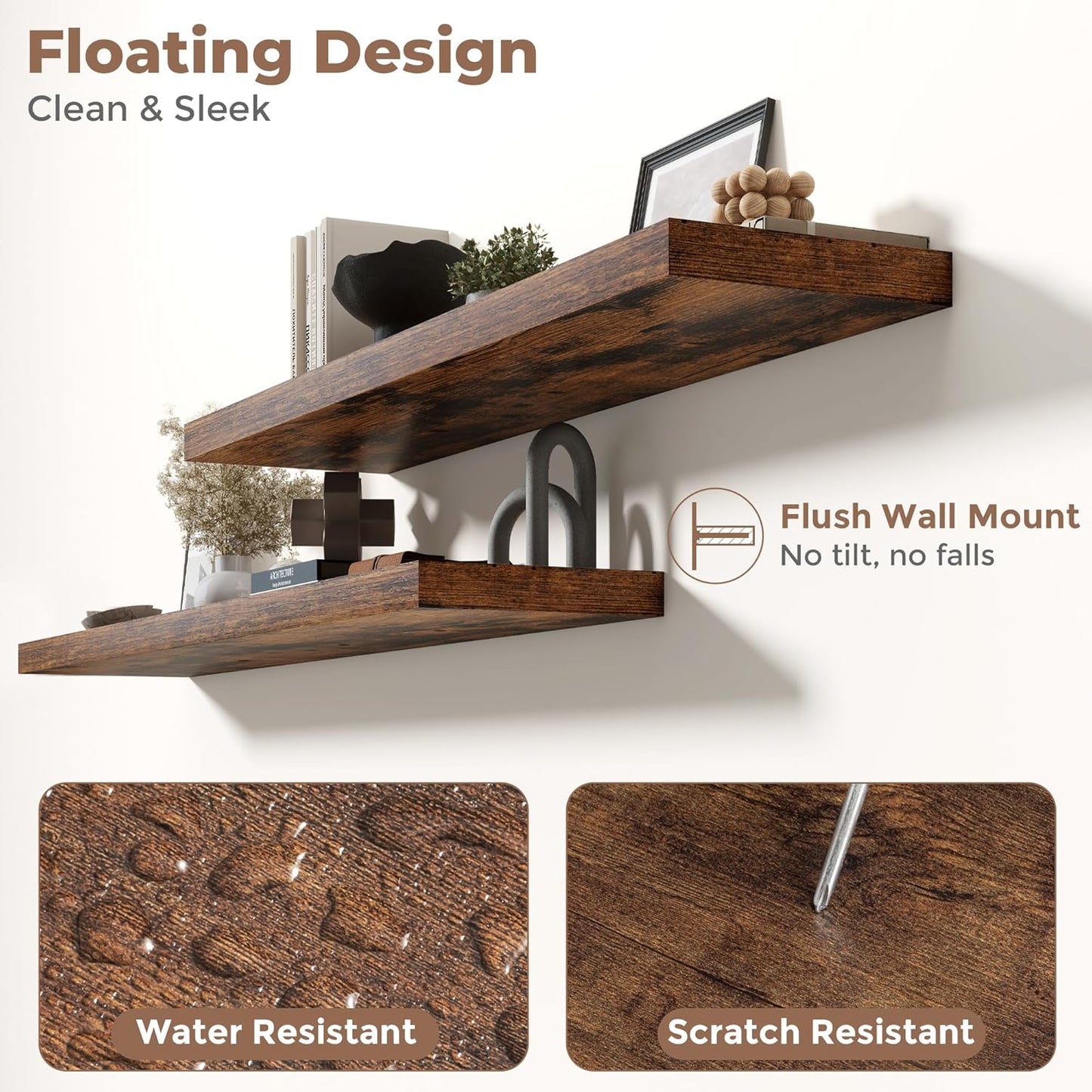 Floating Shelves for Wall with Invisible Brackets, Wall Mounted Engineered Wood Shelves with Wood Grain for Living Room, Bathroom, Kitchen Decor and Storage, Oak, 48"L Set of 2, Rustic Brown
