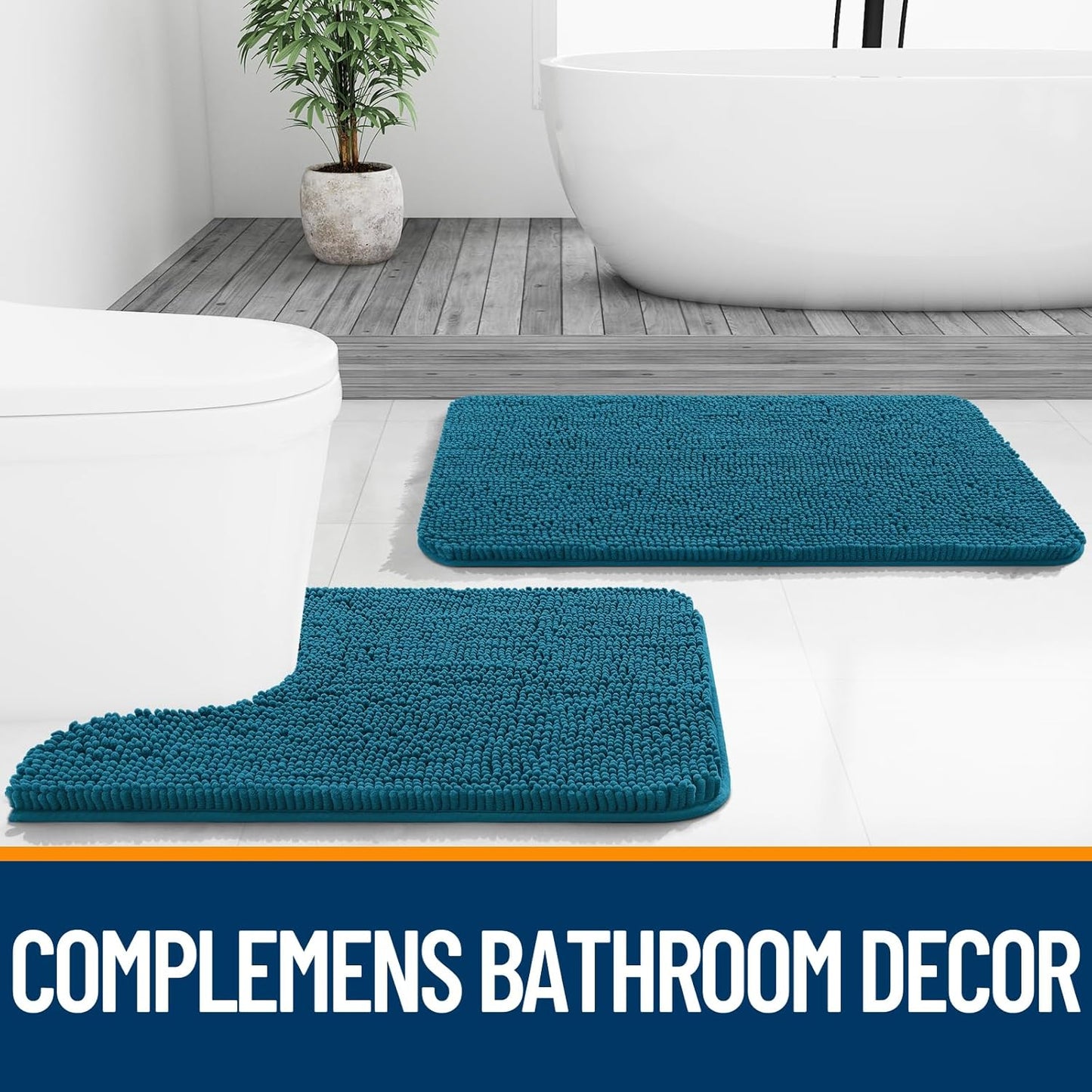 OLANLY Bathroom Rugs Sets 3 Piece, Soft Absorbent Chenille Bath Mats and U-Shaped Contour Toilet Rug, Quick Dry, Home Decor Accessories, Bath Mat Set for Floor (30"x20"+24"x16"+24"x20", Peacock Blue)