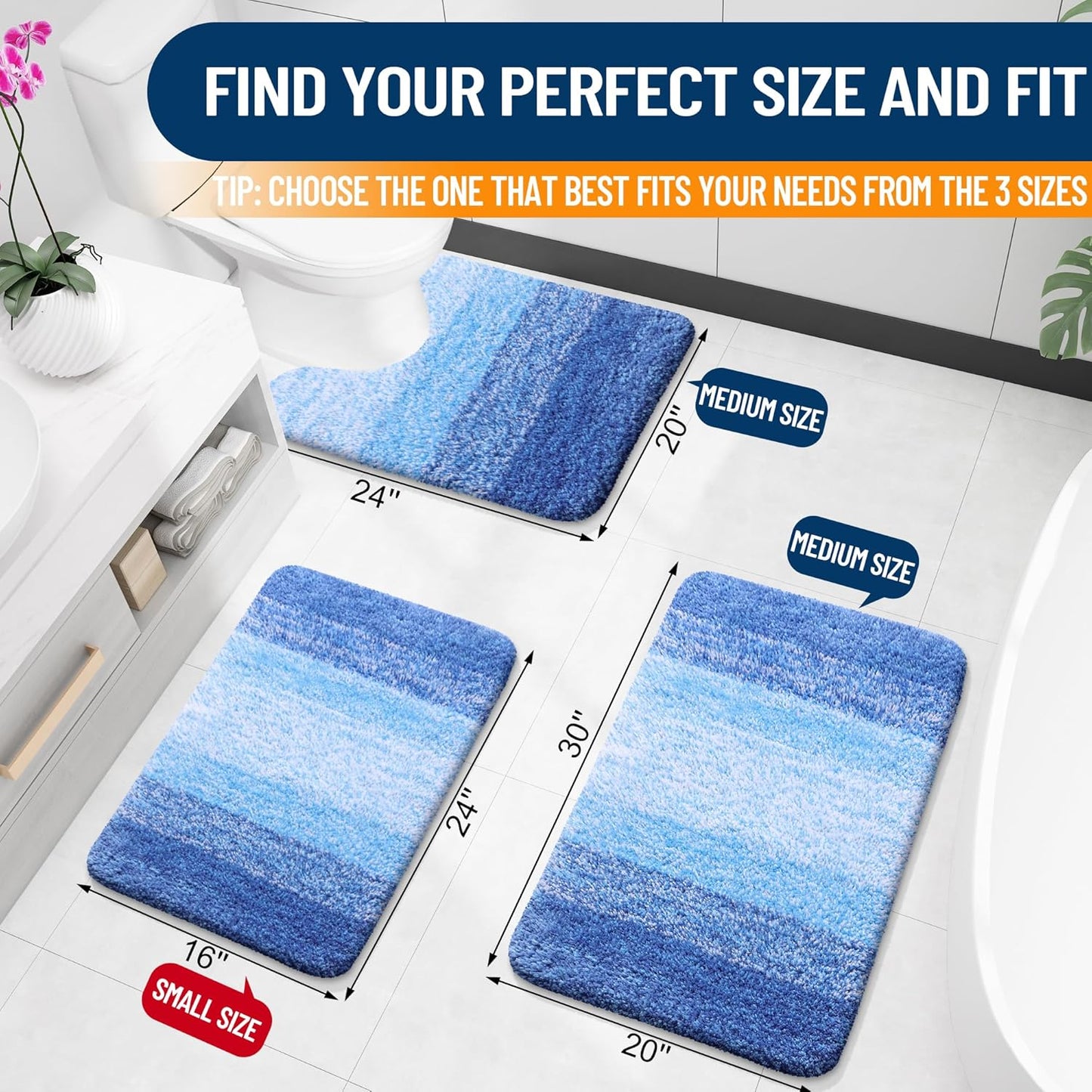 OLANLY Bathroom Rug Set 2 Piece, Soft Absorbent Microfiber Bath Mats and U-Shaped Contour Toilet Rug, Non-Slip, Machine Wash Dry, Shaggy Bath Mats for Bathroom (24"x16"+24"x20", Light Royal Blue)