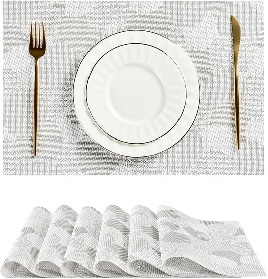 Leetaltree White Placemats Set of 6 - Heat Resistant Non-Slip Place mats for Dining Table, Washable Durable PVC Vinyl Woven Table Mats（White Circle, 6）