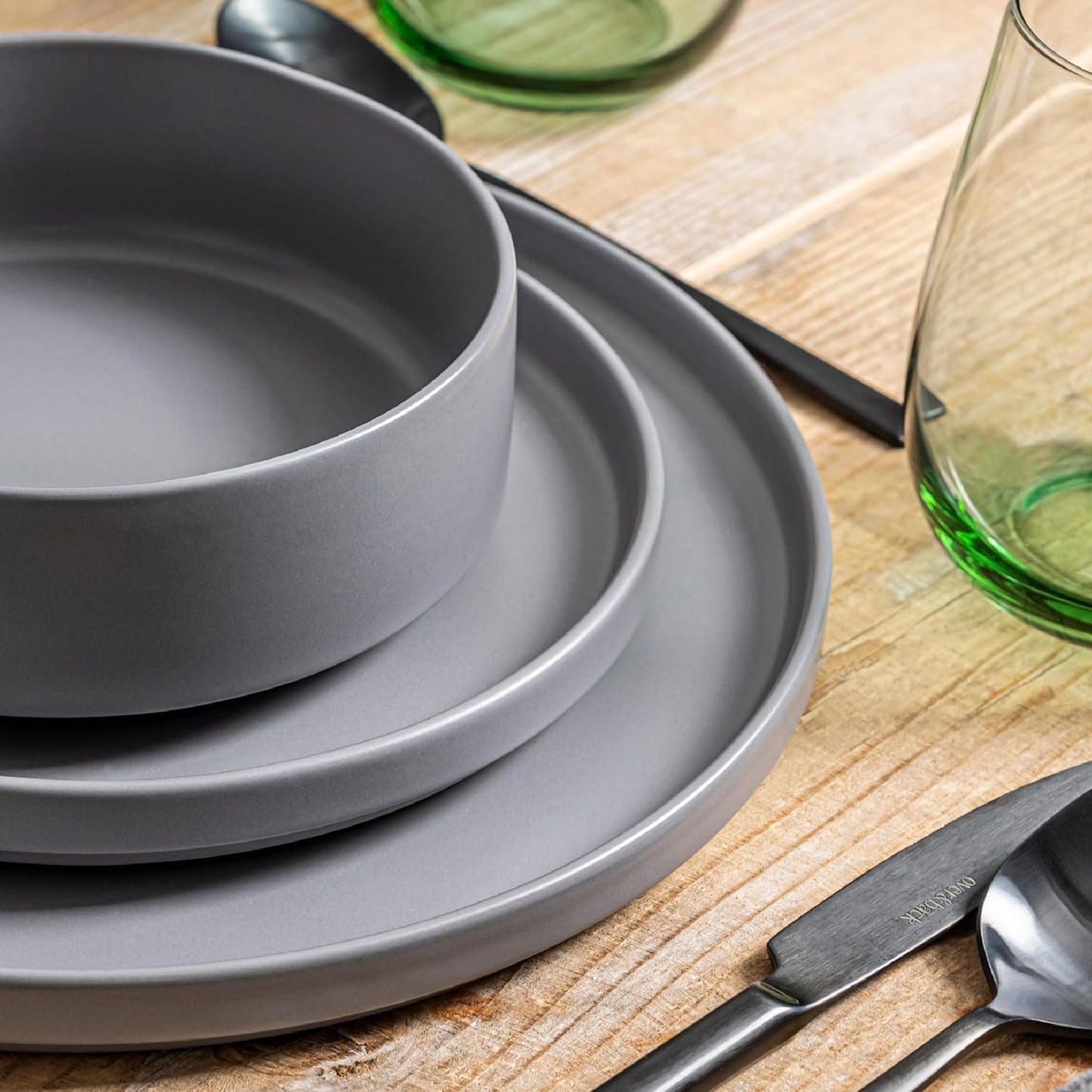 over&back 12-Piece Stackable Dinnerware Dish Set - Stoneware Dishes - Includes 4 Dinner Plates, 4 Salad Plates, 4 Cereal Bowls, and 4 Dinner Bowls - All-Occasion Place Settings - Semi-Matte Charcoal