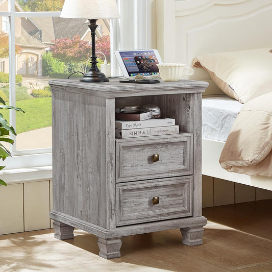 Farmhouse Nightstand with Charging Station, Rustic Grey Nightstand,2 Drawers End Table for Living Room,Bedside Table with Open Shelf for Bed Room,Grey