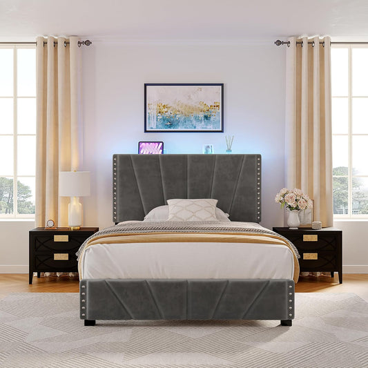 EnHomee Twin Bed Frame, Velvet Bed Frame with Headboard and Led Light, Platform Bed Frame for Bedroom Apartment, Dorm, Noise-Free, Easy Assembly, Dark Gray
