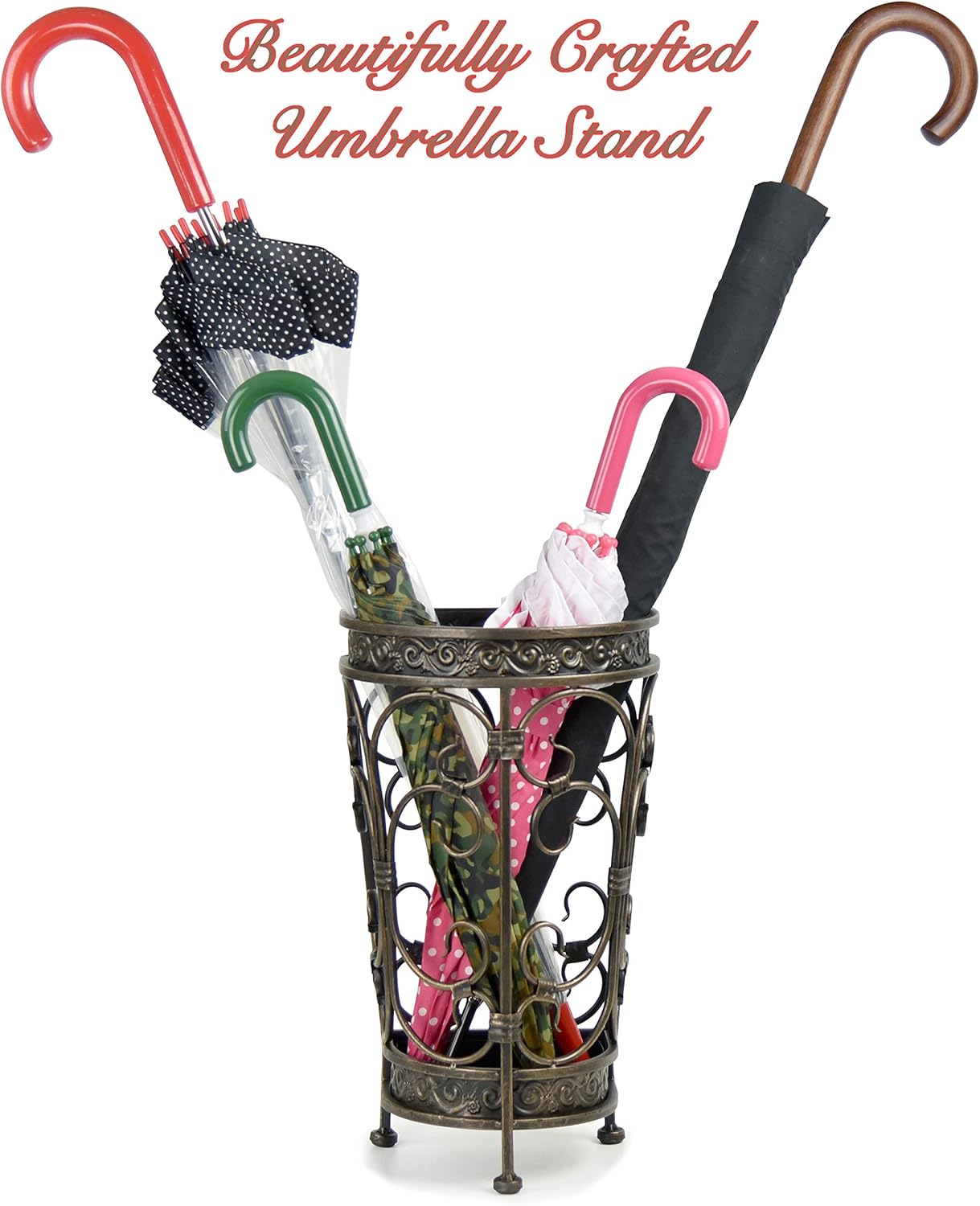 Dualplex Super Quality Umbrella Stand, Umbrella Holder Antique Look Metal Entry Hallway Décor, Wallside Style w/Removable Drip Tray Home Office Decoration Rack Holds Umbrellas Canes Walking Stick