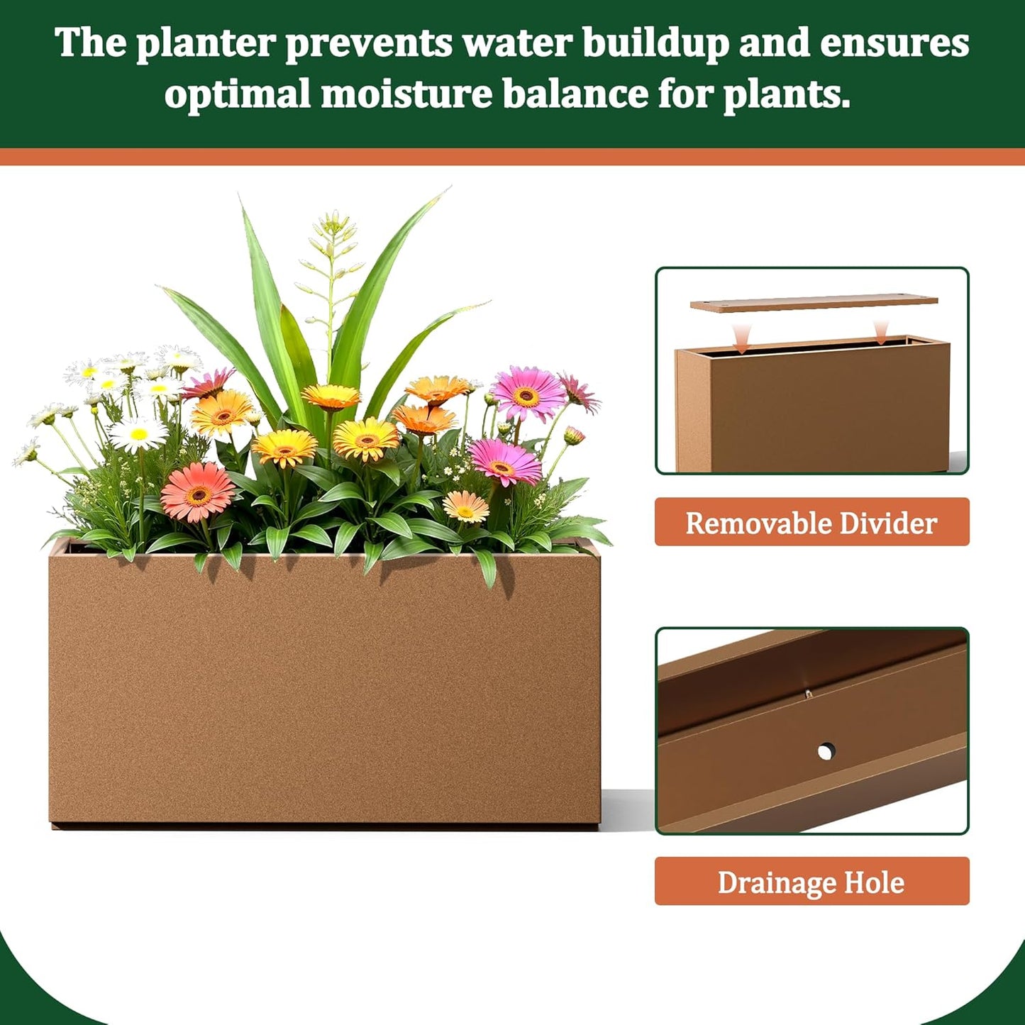 Large Rectangle Planter Metal Brown Planter Box with a Drainage Hole and a Removable Divider Indoor Outdoor Porch Pots for Tall Plants, Trees, Flowers 32.01"x 10" x 16.26" Brown