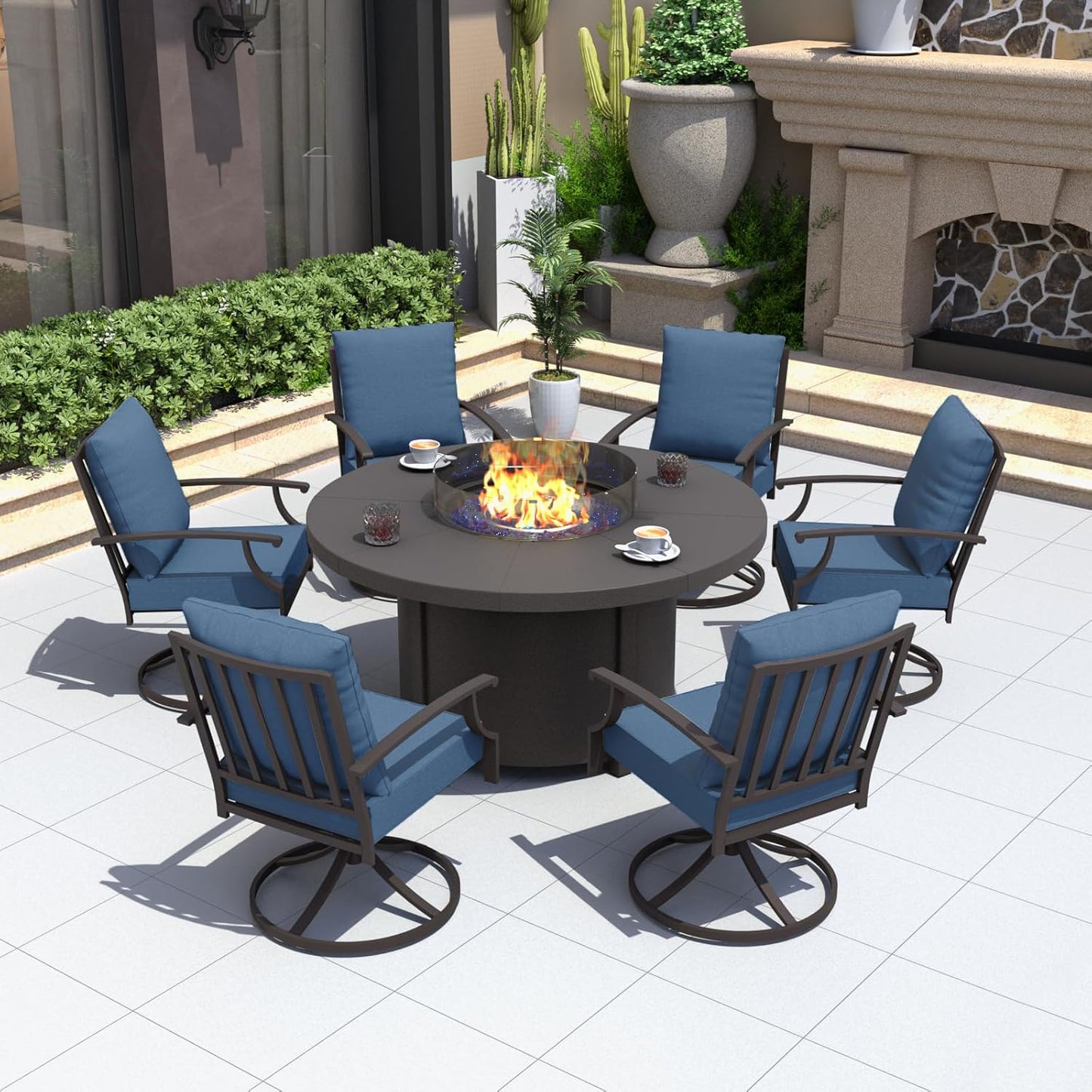 Kurapika 7 Piece Metal Outdoor Patio Furniture Set with Round Fire Pit Table, Patio Conversation Sets 6 Swivel Chairs with Thick Cushion and 40000 BTU Fire Pit Table for Deck, Navy Blue