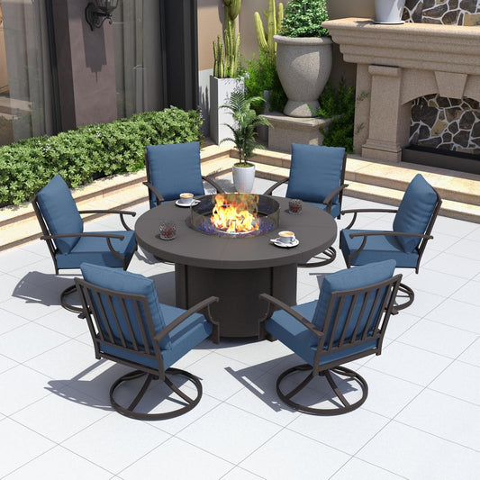 Kurapika 7 Piece Metal Outdoor Patio Furniture Set with Round Fire Pit Table, Patio Conversation Sets 6 Swivel Chairs with Thick Cushion and 40000 BTU Fire Pit Table for Deck, Navy Blue