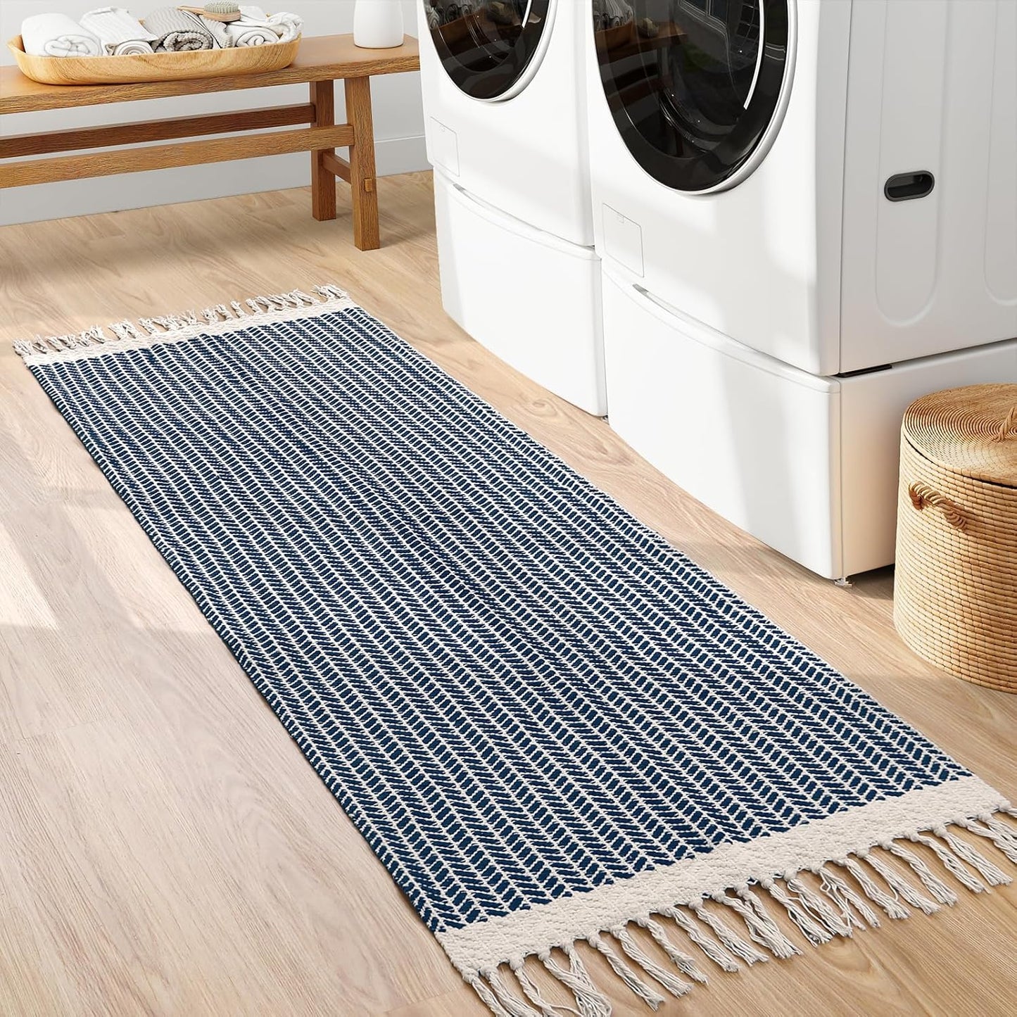Lahome Boho Kitchen Runner, 2x6 Laundry Room Rug Lightweight Runners for Hallways Washable Runner Rug with Tassels, Farmhouse Cotton Blue Throw Rugs Non Shedding Carpet for Entryway Bathroom