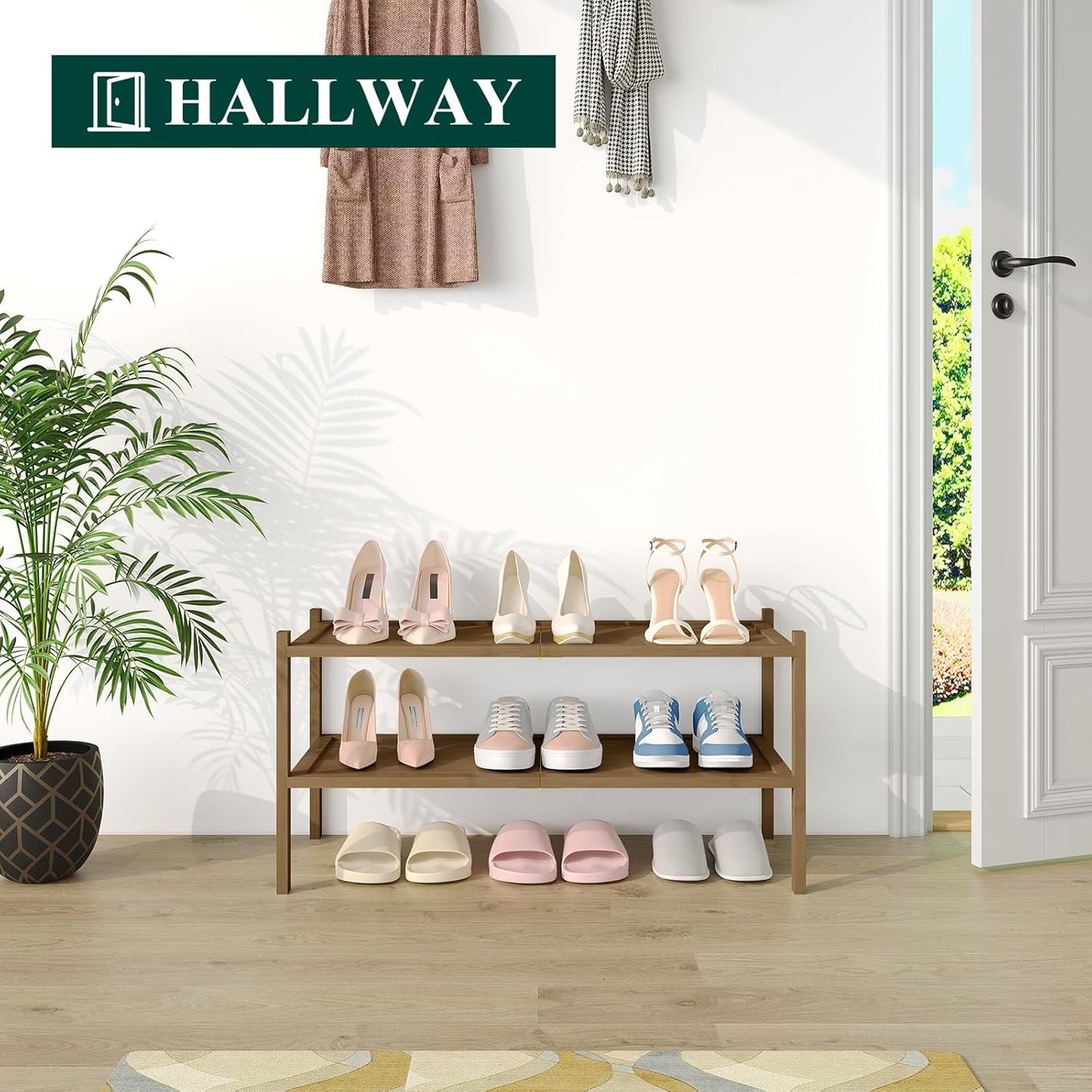 Smiry Bamboo Shoe Rack, 2 Tier Shoe Organizer for Entryway & Closet, Stackable Free Standing Storage Shelf for Shoes, Bags & Plants, Walnut