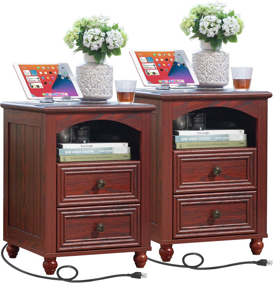 18" Farmhouse Night Stand Set of 2 with Charging Station, Wood Nightstand with 2 Drawers, Bedside End Table with Shelf Storage, Bed Side Tables for Bedroom, Living Room, and Closet