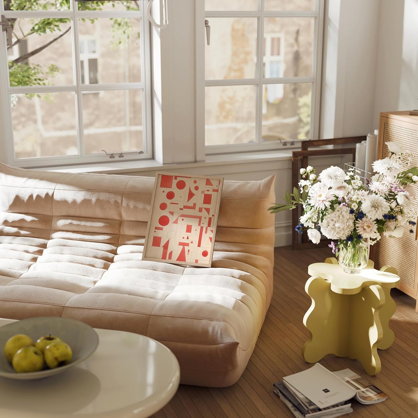 HAUS AND HUES Colorful Abstract Wall Art - Minimalist Retro Picture for Living Room Decor, Red and Pink Modern Wall Art Painting (Red Geometric, Beige Frame, 12x16)