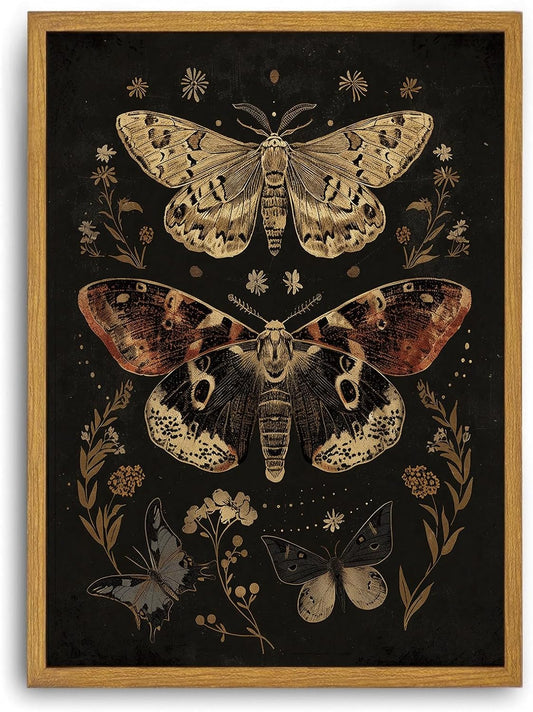 Djmwtb Vintage Framed Wall Art Moth Canvas Wall Art Prints Gothic Butterfly Floral Painting Boho Dark Academia Pictures Artwork for Living Room Bedroom Bathroom Office 12x16in