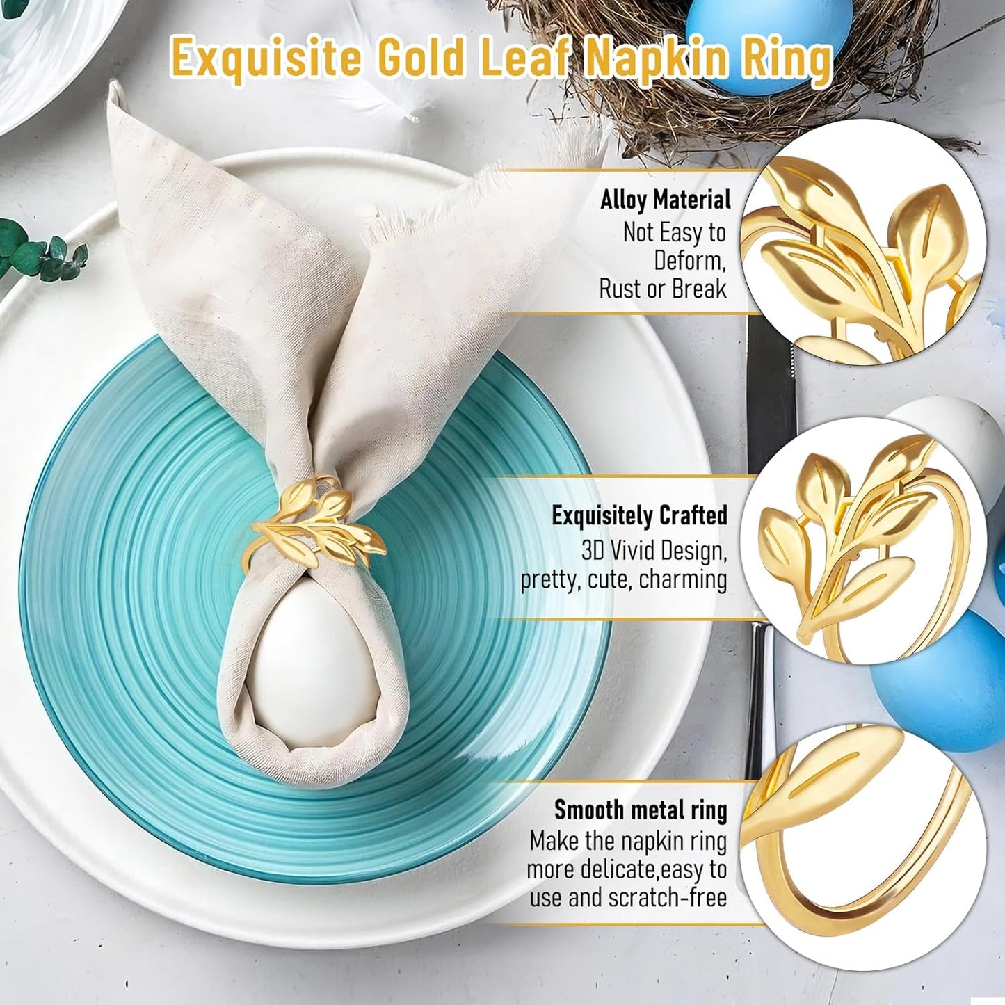 Gold Napkin Rings Set of 12, Metal Leaf Napkin Ring Holders for Cloth Napkins, Fall Napkin Ring Buckles Bulk for Wedding Receptions, Christmas Thanksgiving Holiday Party Dinner Table Settings