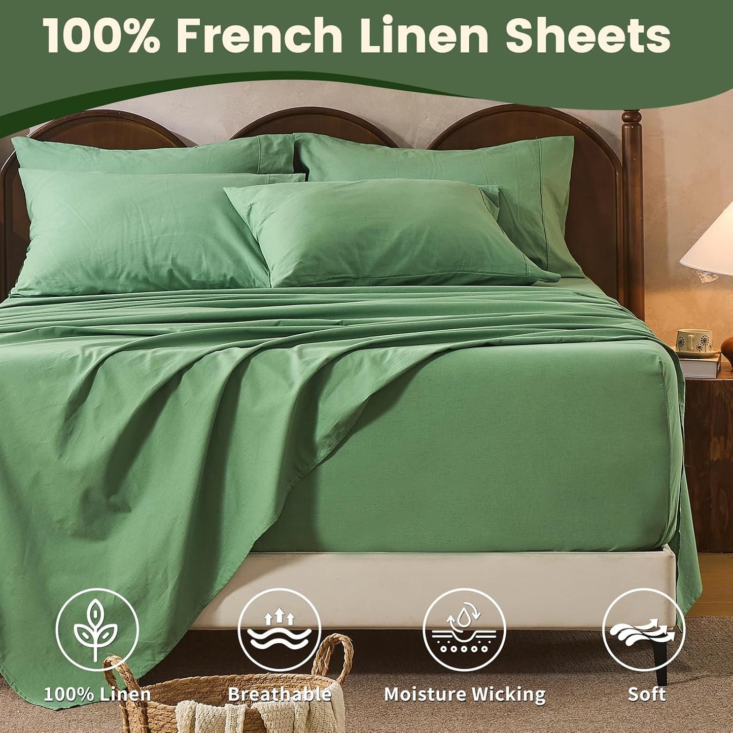 100% Linen Sheet Set Queen Size Extra Deep Pocket Fits 18-24 Inch Mattress, Breathable & Soft, Smooth 6-Piece Set for Thick Mattresses Hotel Luxury Bedding（Queen, Sage Green）