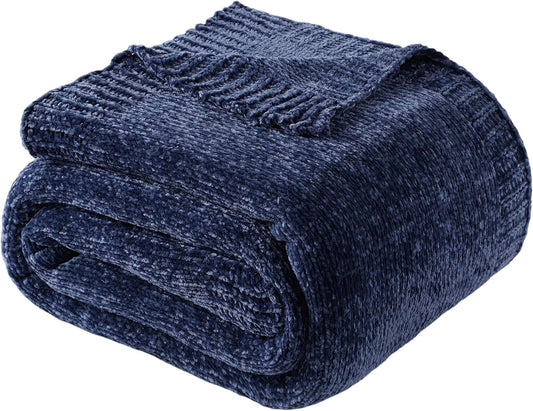 BATTILO HOME Navy Throw Blanket for Couch, Dark Blue Throw Blankets for Sofa, Chair, Living Room, Chenille Knit Throw Blankets for Bed Living Room Home Decor, 51"x67"