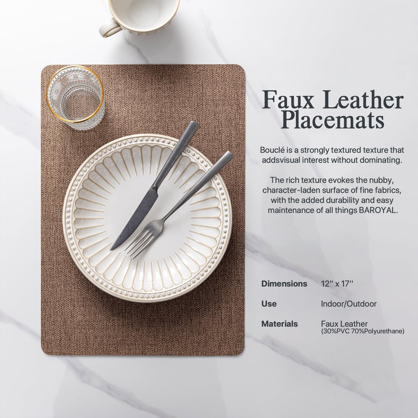 Faux Leather Placemats Set of 6 Vinyl Washable Wipeable Table Mats for Kitchen Dining Table Heat Resistant Waterproof Modern Indoor/Outdoor Placemats Non-Slip Easy Clean Place Mats (Cocoa)