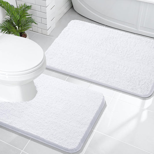 OLANLY Bathroom Rugs Sets 2 Piece, Soft Absorbent Chenille Bath Mats and U-Shaped Contour Toilet Mat Area Rug Set, Machine Washable Bath Carpet, Home Decor Accessories(30"x20"+24"x20", White)