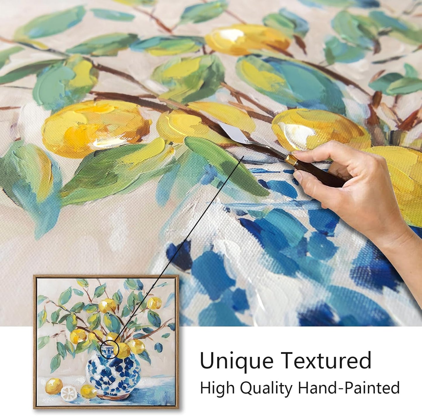 Framed Vintage Kitchen Wall Art, hand-painted Yellow Lemon Still Life Wall Decor Oil Paintings, Rustic Farmhouse Artwork Canvas Prints and handmede Pictures for Living Room Bedroom Home Decor 17x17 In