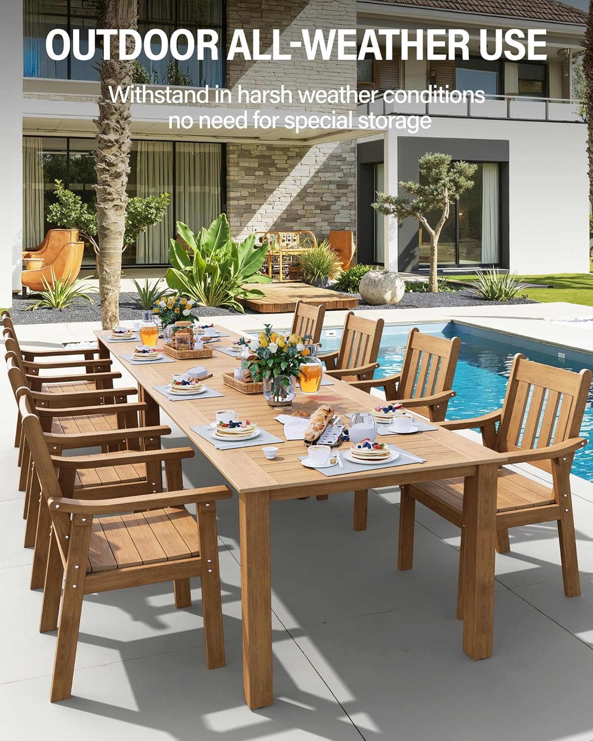 YEFU HIPS Patio Table Set: 10 Piece Outdoor Table and Chairs Dining Furniture Set with Umbrella Hole - Teak Modern Plastic Dining Sets 8 Person for Outside Deck with Metal Aluminum Frame