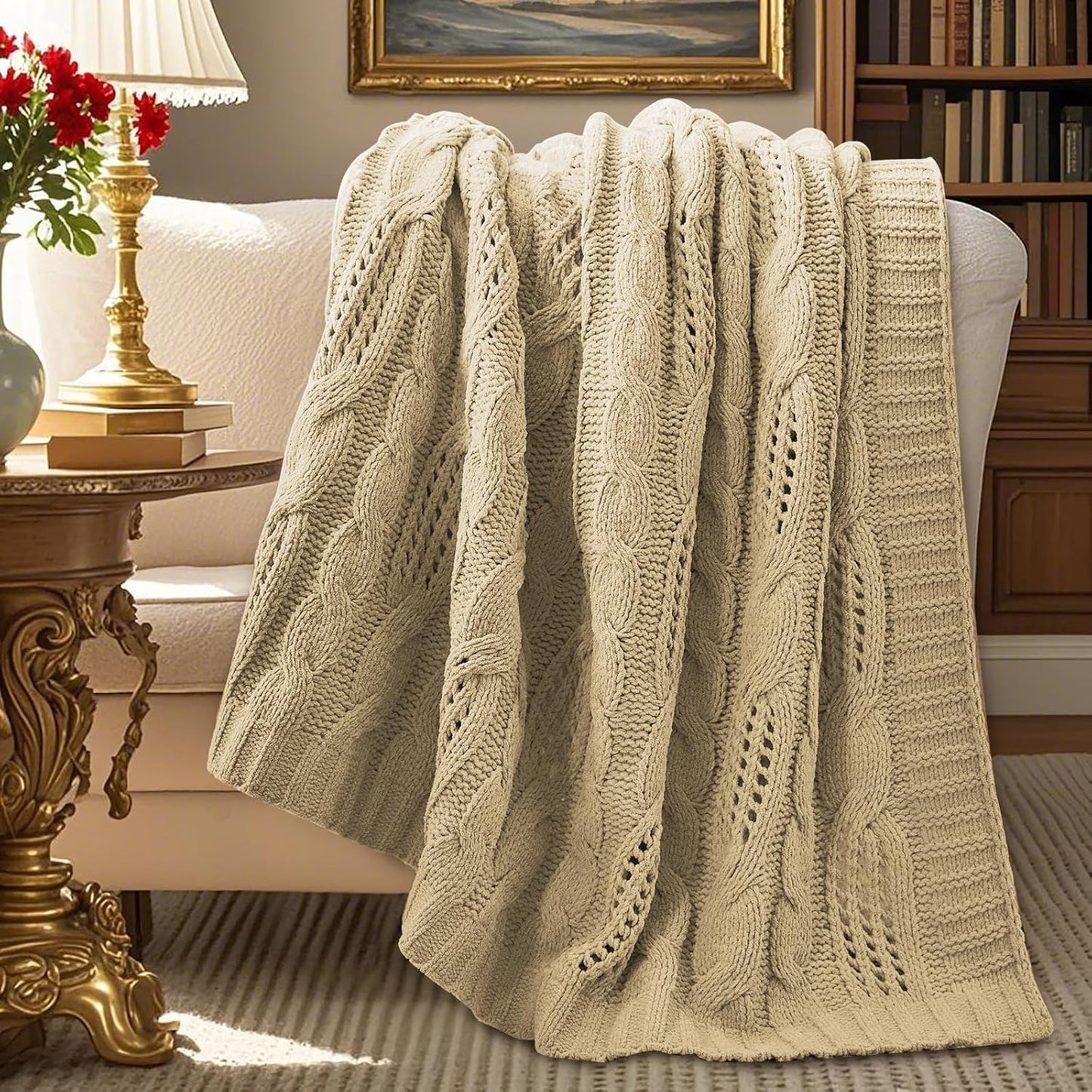 Amélie Home Chunky Knit Throw Blanket, Dual-Sided Soft Chenille Breathable Cable Knitted Blanket for Couch, Farmhouse Decorative Throw for Sofa & Chair, 60"x80", Beige