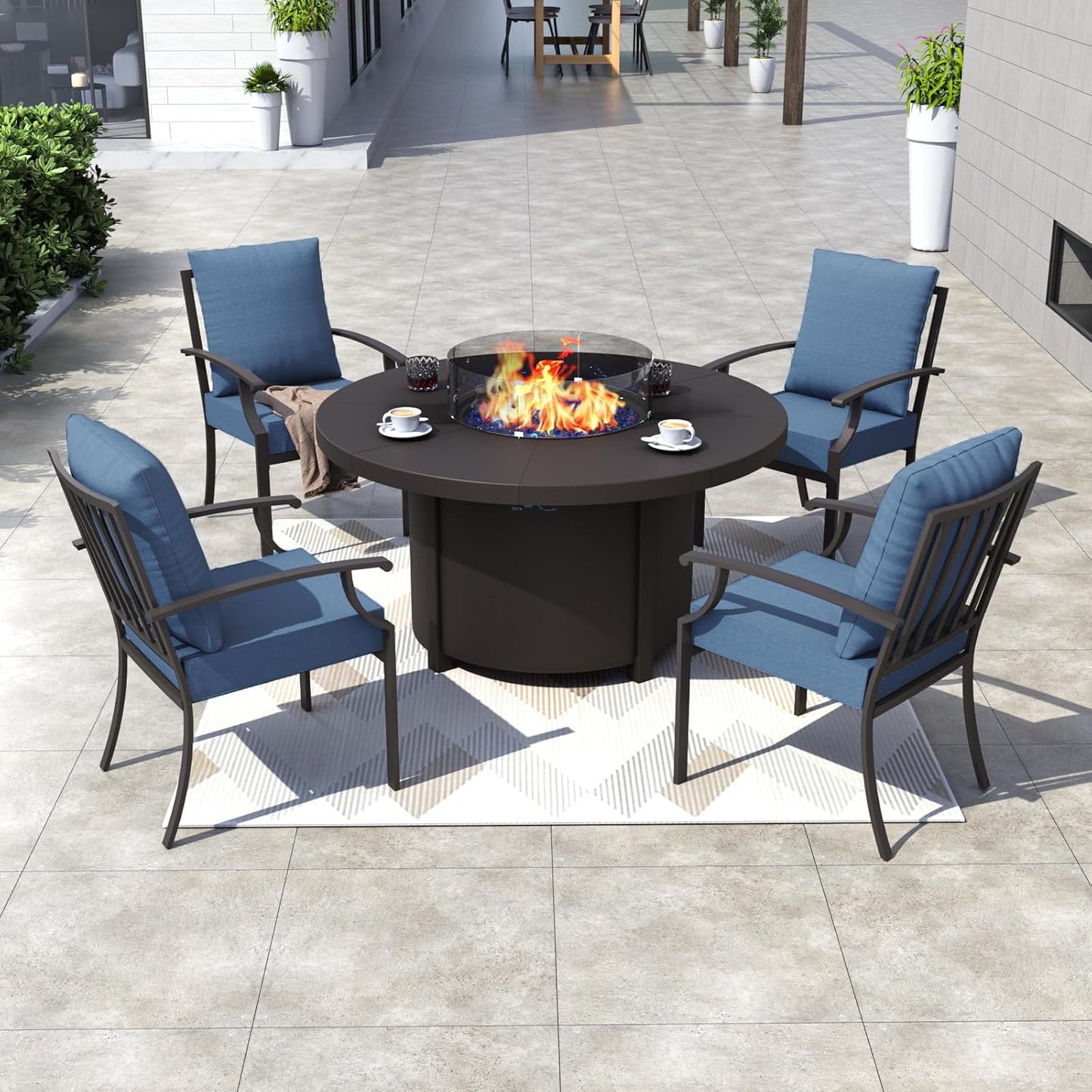 Kurapika 5 Piece Metal Outdoor Patio Furniture Set with Round Fire Pit Table, Patio Conversation Sets 4 Fixed Chairs with Thick Cushion and 40000 BTU Fire Pit Table, Navy Blue