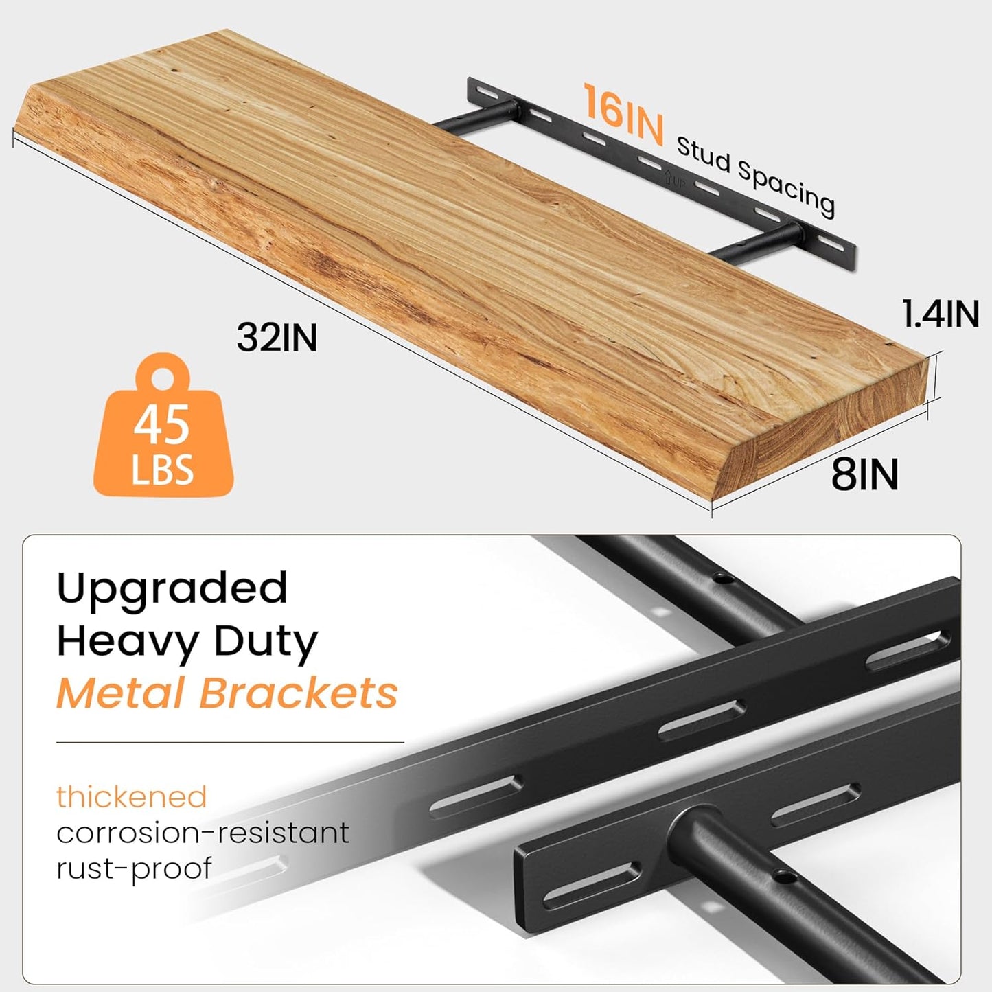 Fun Memories Floating Shelves for Wall Decor, Rustic Solid Elm Wood Live Edge Floating Shelves Wall Mounted, Heavy-Duty Shelf with Invisible Bracket for Living Room Kitchen, 32 Inch Set of 2, Natural