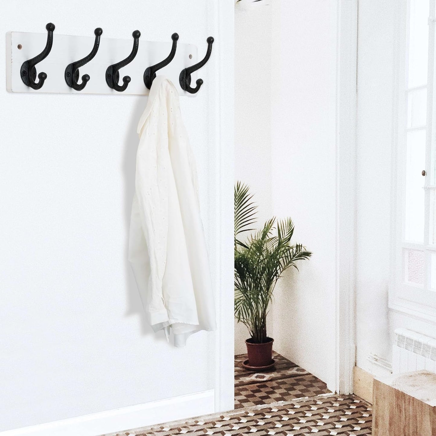 WEBI Rustic Coat Rack Wall Mount,5 Cast Iron Coat Hooks Wall Mounted,Heavy Duty Wall Coat Hanger,Vintage Hooks for Hanging Coats,Clothes,Black on White