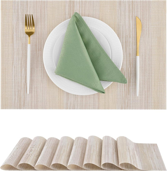 Leetaltree Lightsteel Beige with Yellow Placemats Set of 8 - Heat Resistant Non-Slip Place mats for Dining Table, Washable Durable PVC Vinyl Woven Table Mats (Lightsteel Beige with Yellow, 8)