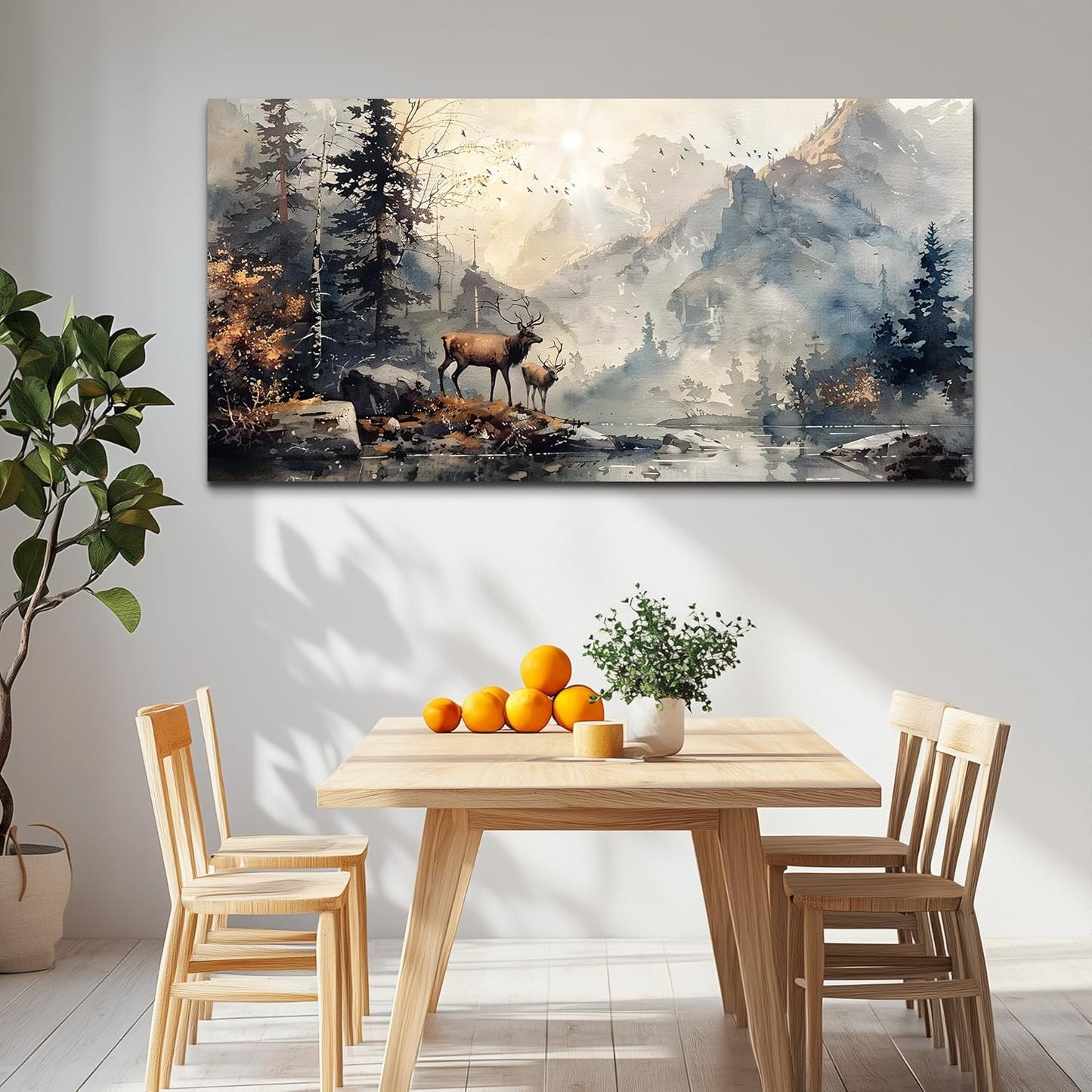 FUHAIHUA Canvas Wall Art For Living Room Large Wall Decor For Office Bedroom Wall Pictures Mountain Forest Landscape Ink Paintings Modern Poster Prints Artwork Room Home Decor Deer Mural 24x48 In