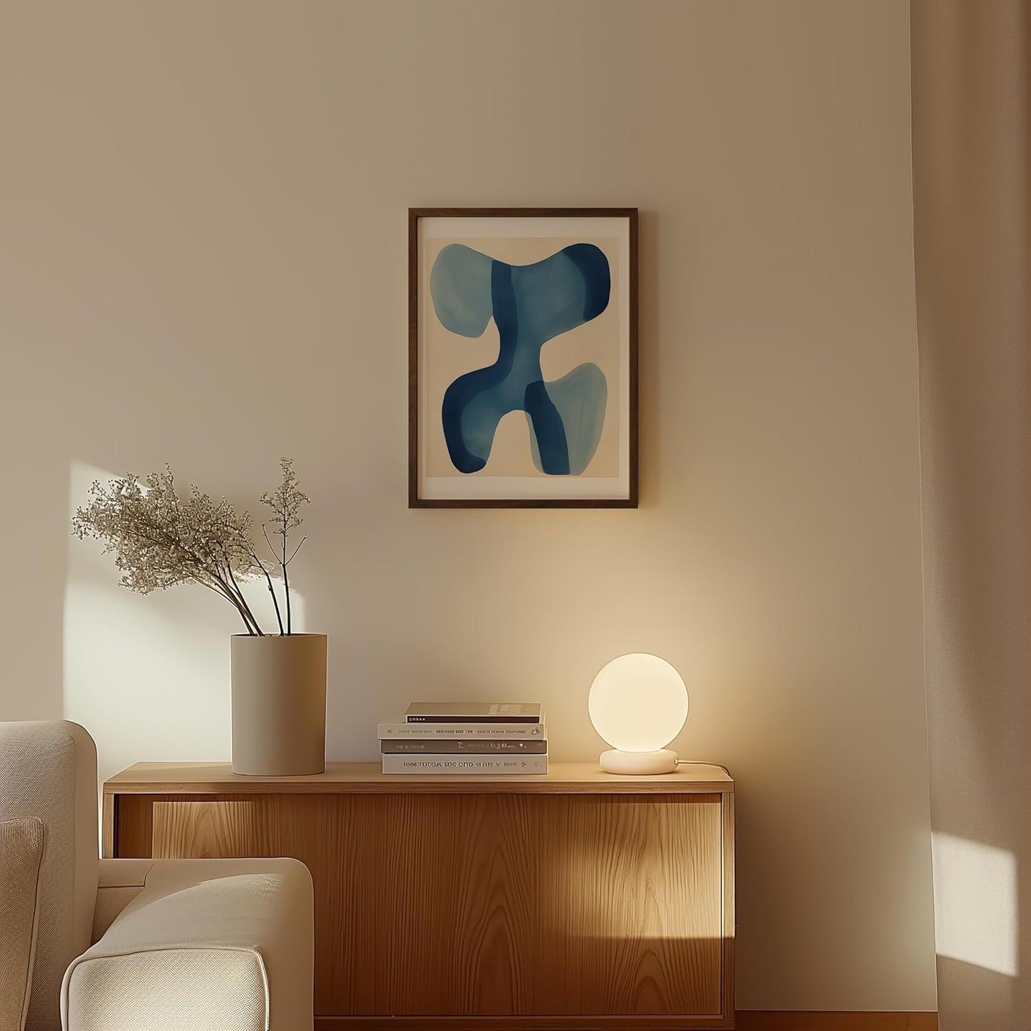 HAUS AND HUES Modern Abstract Wall Art - Blue and Green Living Room Art, Modern Artwork for Walls, Minimalist Picture for Living Room(Blue Shapes, Walnut Frame, 12x16)