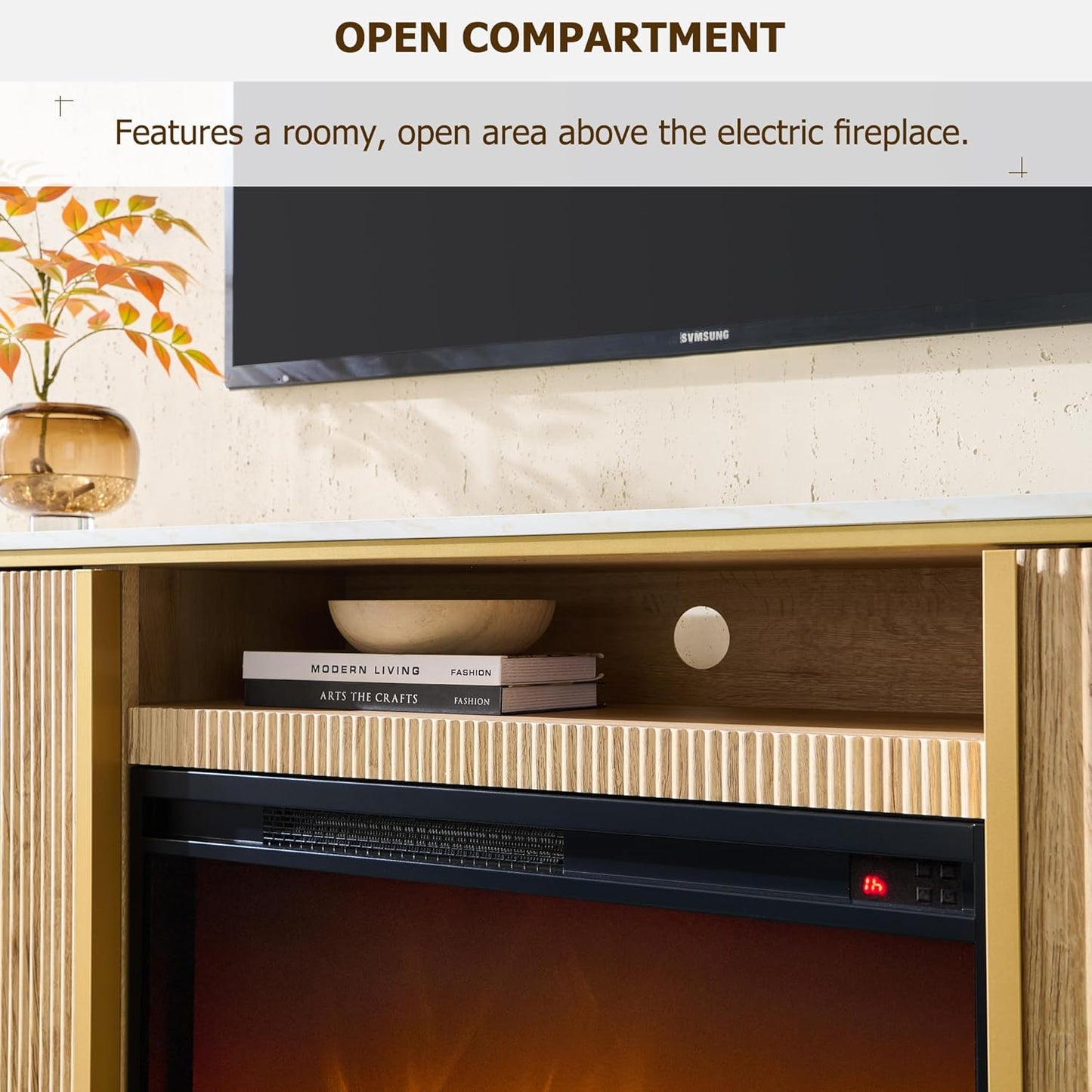 OKD Luxury 70" Fluted Fireplace TV Stand, Modern Chic Entertainment Center for TVs Up to 80 inches, TV Console with Faux Marble Top, Curved Profile Design, Media Console for Living Room, Natural Oak