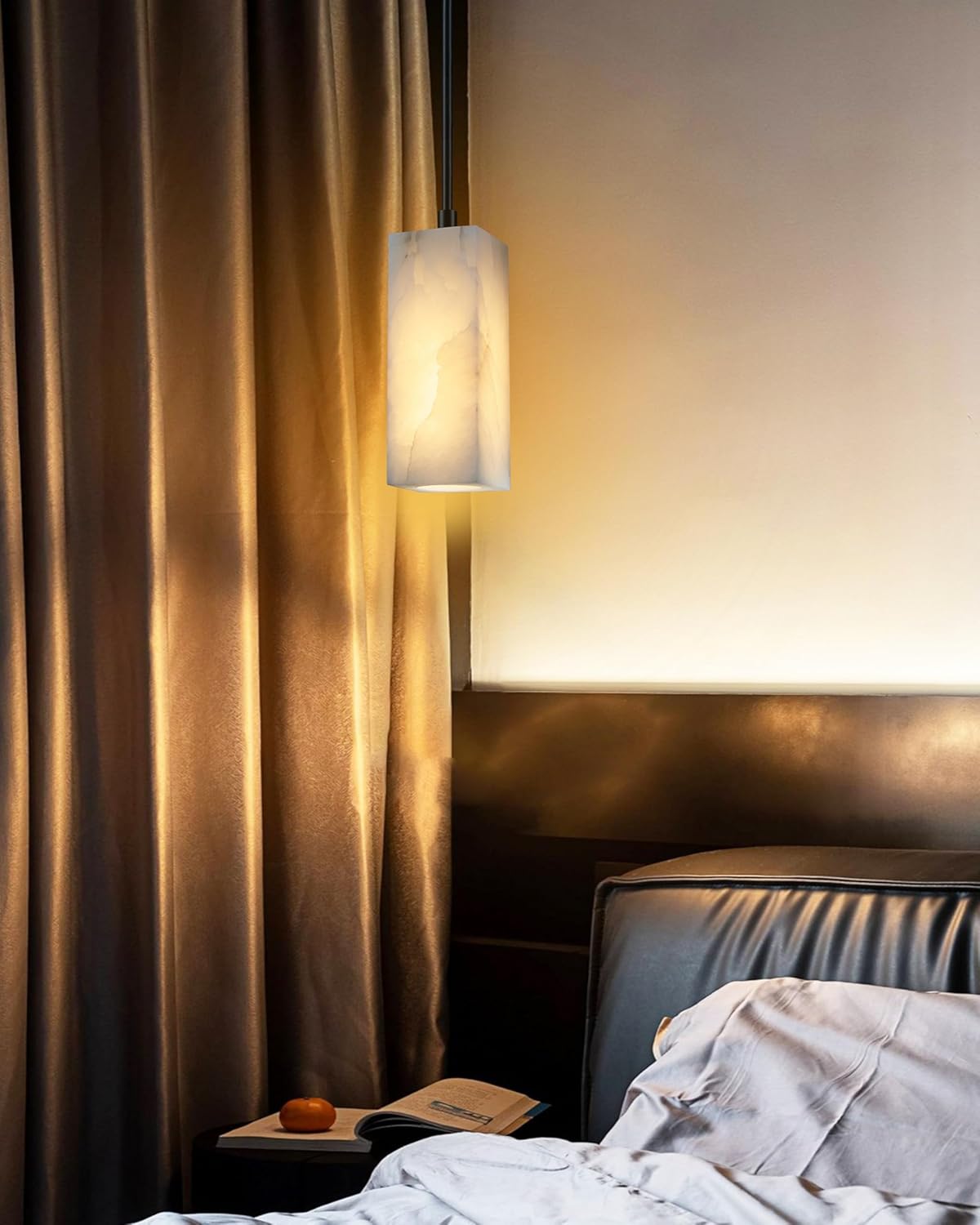 1 Light Modern Industrial Farmhouse Hanging Kitchen Island Pendant Ceiling Light Fixture,Square Natural Alabaster Marble Black Finish Over Sink Restaurant bar Corridor