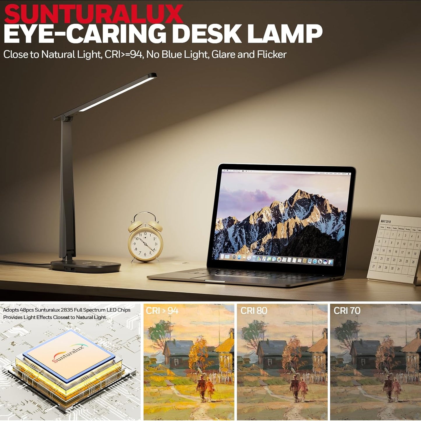 Honeywell Desk Lamp for Home Office, Dimmable LED Desk Light with USB A+C Dual Charging, 4 Modes Brightness Touch Lamp with Timer, Eye Caring Foldable Reading Light, Table Lamp for Study Nightstand