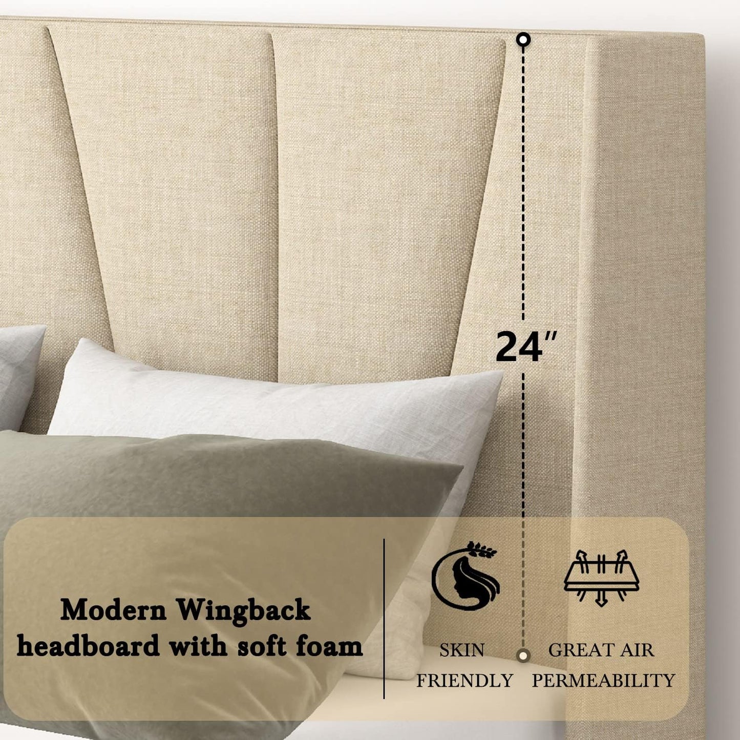 HOOMIC Queen Size Bed Frame with Geometric Wingback Headboard, Wooden Slats Support, No Box Spring Needed, Modern Style, Beige