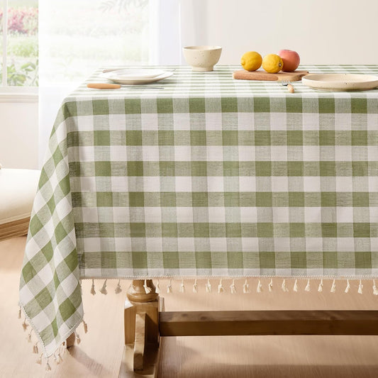 Softalker Checkered Tablecloth Square, Heavy Weight Linen Gingham Christmas Table Cloth with Tassel, Washable Wrinkle Free Buffalo Plaid Table Cover for Dining/Party/Home - 55 x 55 Inch, Sage
