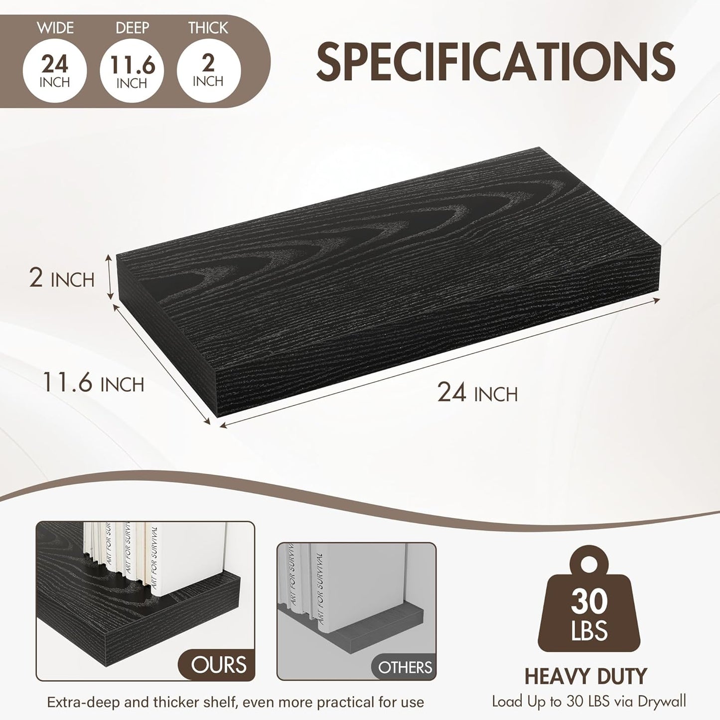 24 Inch Floating Shelves, 12" Deep Floating Shelf Wall Mounted, 24" Wall Shelves, Rustic Deep Bookshelf, Extra Deeper & Thicker Display Shelves for Bedroom, Living Room, Black, Set of 2