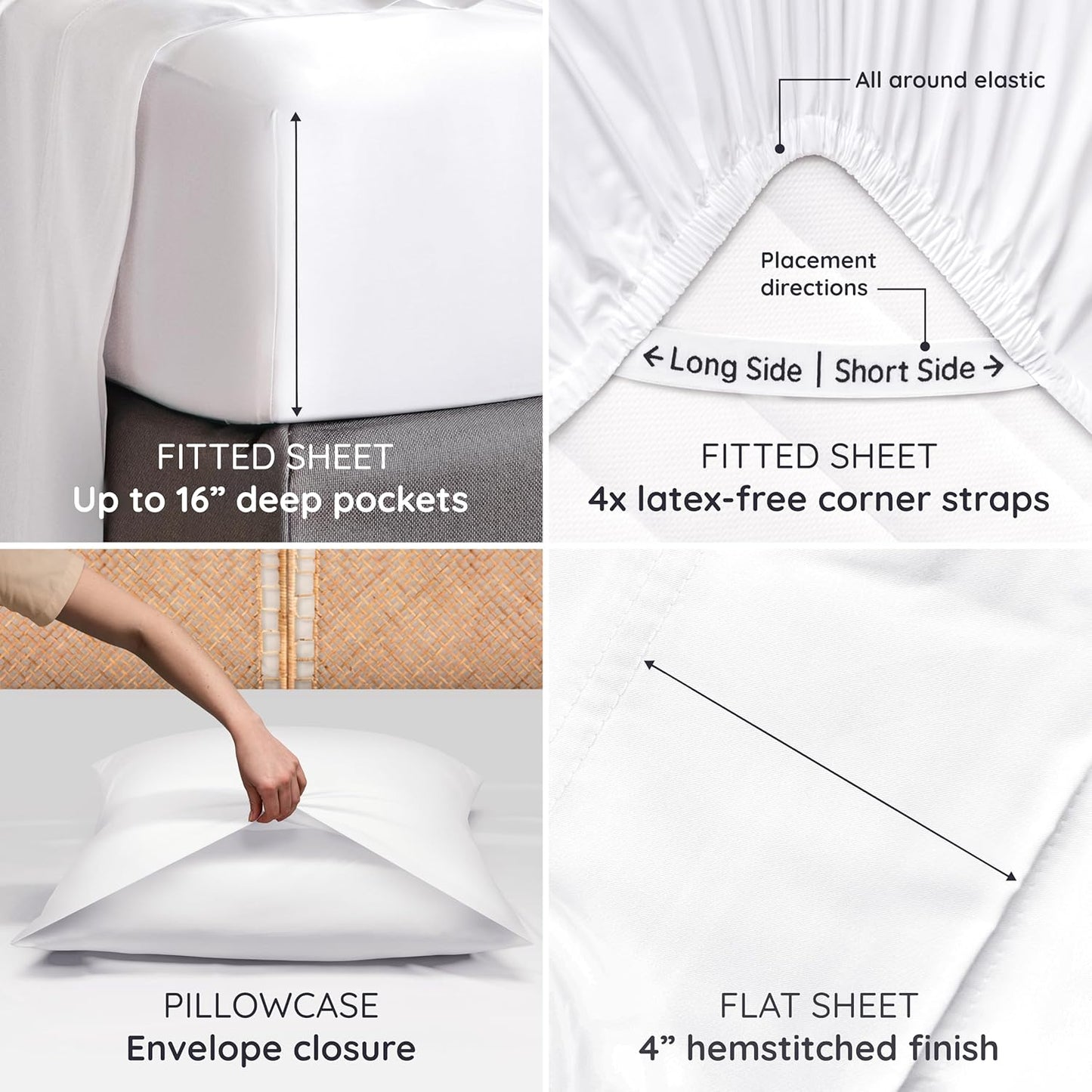 Bambaw 100% Viscose Derived from Bamboo Sheets Queen Size Deep Pocket Set – 4pcs Hotel Luxury Bed Sheets Set, Fits Up to 16'' with Elastic Corner Straps, Ultra Soft Cooling Sheets Queen Size (White)