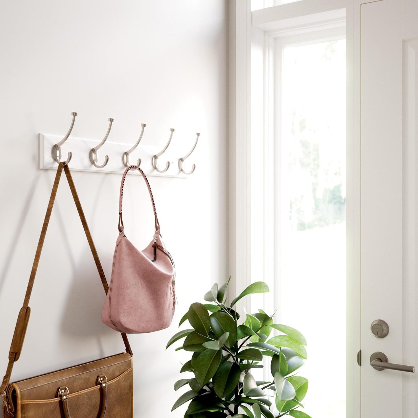 Franklin Brass Pilltop (1-Pack) 27' Coat Rack Wall Mount Pure White Hat Rack with 5 Hooks Mounted Hanging Hook Rail for Clothes, Towels, Purses, Bags, Kitchen, Entry, Closet Organization B46716K-PMN-R