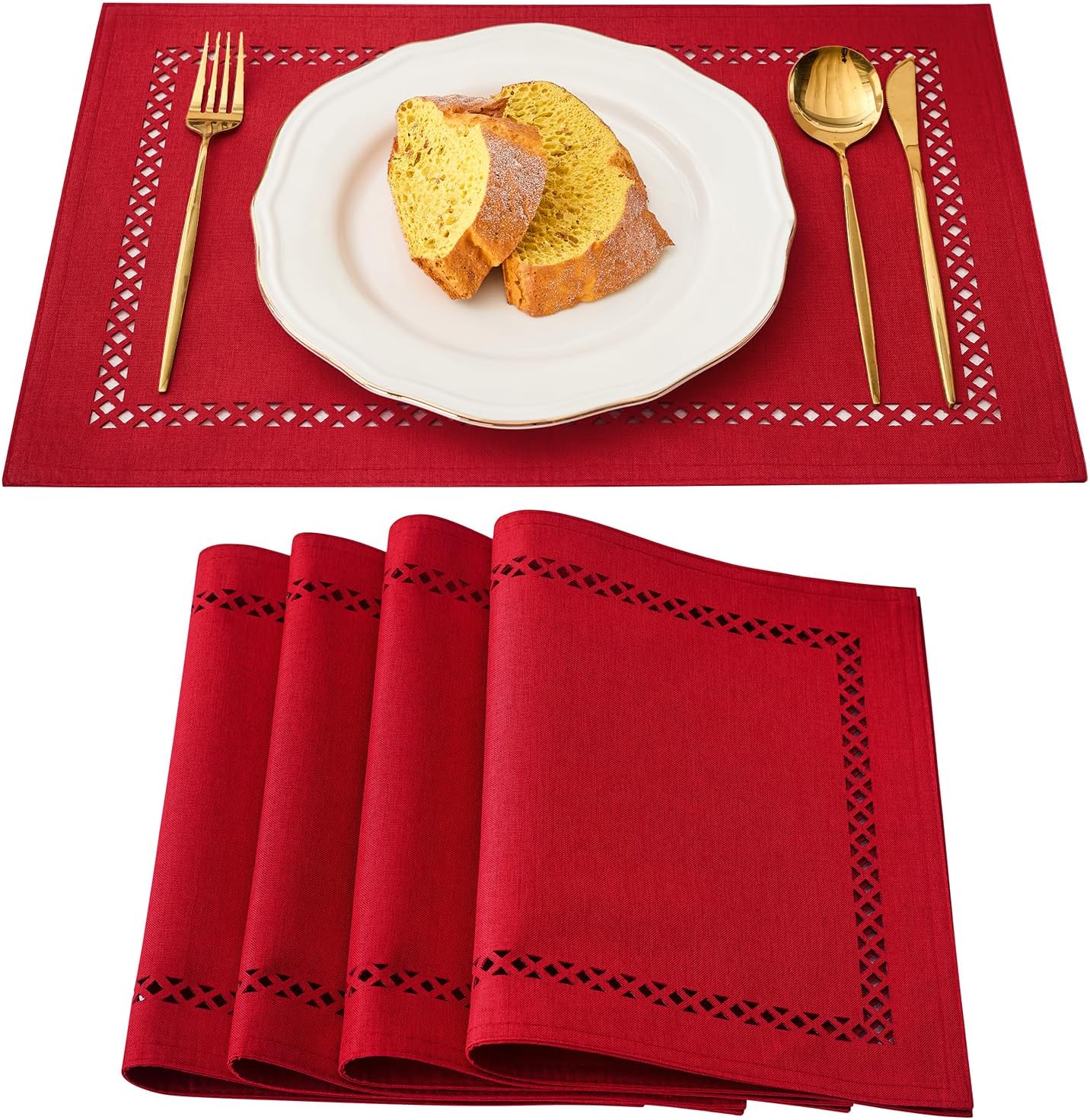 Red Placemats Set of 4, 12 x 18 Inch Rustic Geometric Hollow Place Mats, Heat Resistant Placemats for Farmhouse Kitchen Table Decor, Red 4PCS