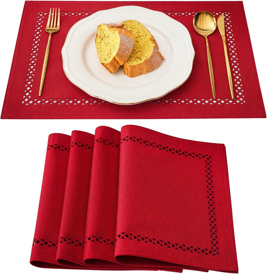 Red Placemats Set of 4, 12 x 18 Inch Rustic Geometric Hollow Place Mats, Heat Resistant Placemats for Farmhouse Kitchen Table Decor, Red 4PCS