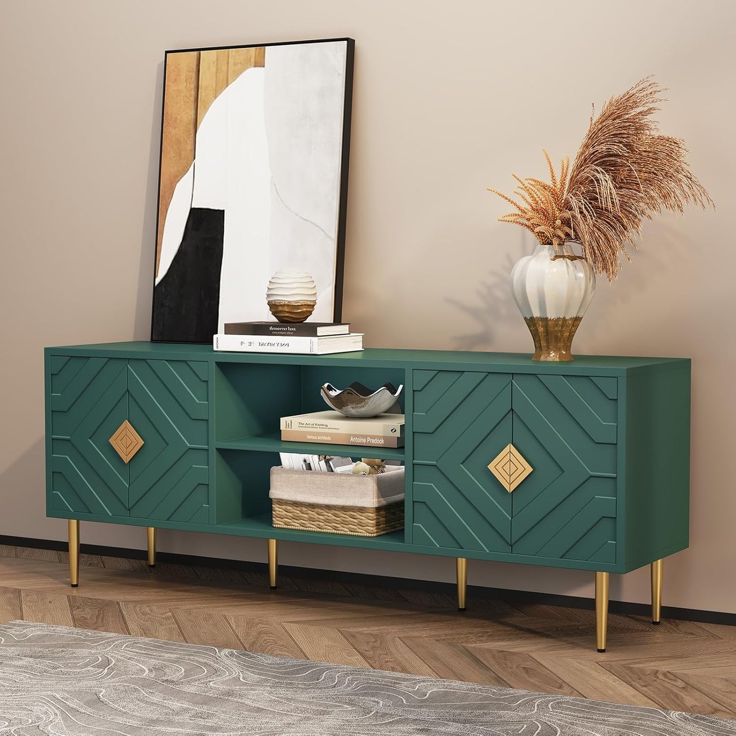 HLR 63'' Modern TV Stand for 65/70/75 inch TV, Entertainment Center with Storage Cabinet, Mid Century Green TV Stand,Embossed Pattern TV Console, TV Media Console for Living Room, Bedroom